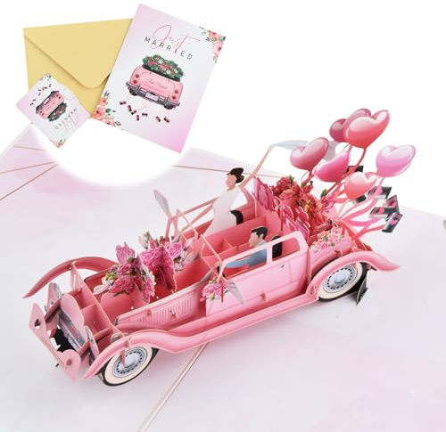 Carte Mariage 3D Pop Up Just Married, Carte de Félicitations Mariage avec Voiture Classique, Carte de Vœux Romantique pour Fiançailles Anniversaire, Carte avec Enveloppe
