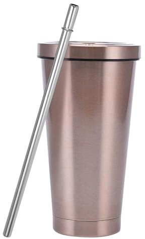Bicchiere da caffè caldo e freddo a doppia parete in acciaio inox, 500 ml, con coperchio e cannuccia, isolante, da viaggio, per casa, viaggi, ufficio (oro rosa)
