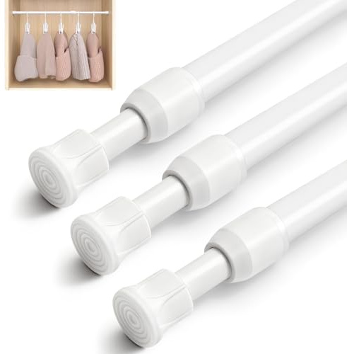 3 Pezzi Aste per Tende Estensibili 30-50 cm, Bastoni per Tende a Pressione Senza Forare, Asta Telescopica Regolabile in Acciaio Antiruggine per Armadi, Finestre e Libreria – Bianco