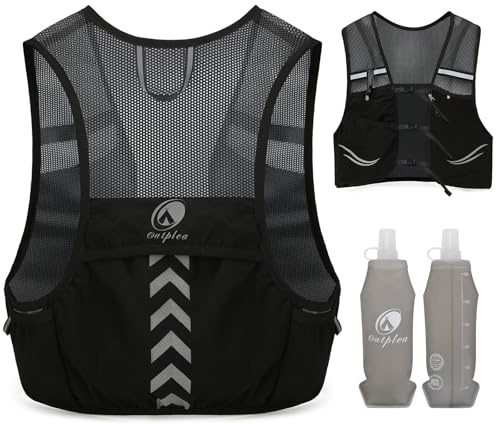 Outplea Breathable Reflective Running Vest with 2 pcs Soft Water Bottle for Men Women, Ultralight Hydration Vest for Jogging Trail Running Cycling Race Marathon, Black Mesh/M
