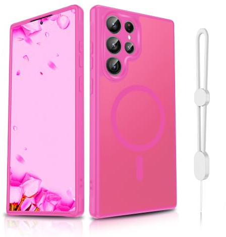 Dizn Coque magnétique pour Samsung Galaxy S22-Ultra 5G : Protection d'objectif, pour MagSafe, bande, étui translucide mat, anneau magnétique intégré, coque pour fille S 22 Ultra, rose rouge