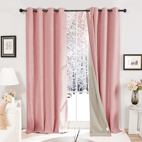 Deconovo Faux Linen 100% Blackout Curtains Eyelet Thermal Insulated Curtains for Living Room Blush Pink W46 x L54 One Pair