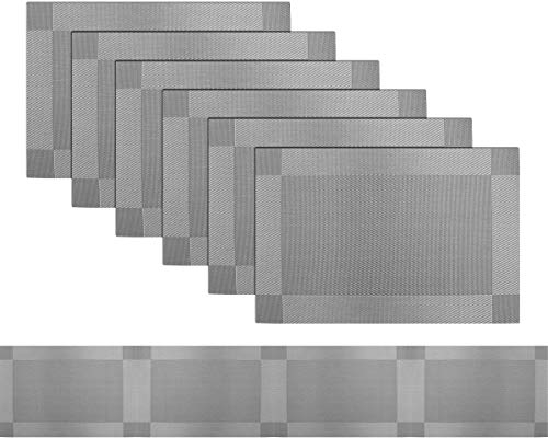 pigchcy Elegante Platzsets und Tischläufer, Abwischbar Kunststoff Vinyl Tischsets (6 Stück Platzsets + 1 Stück Tischläufer, Grau)