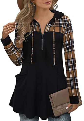 Gaharu, maglione da donna, tunica a maniche lunghe, con scollo a V, elegante, linea A, con cappuccio, pullover, con tasche, L