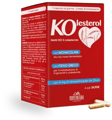 MONTENATURA®KOlesterol Integratore Naturale – Riso Rosso Fermentato con Monacolina, Fieno Greco, Olivo (5mg Idrossitirosolo) e Coenzima Q10 – 60 Capsule, 1 al Giorno, Trattamento 2 Mesi. Senza Glutine