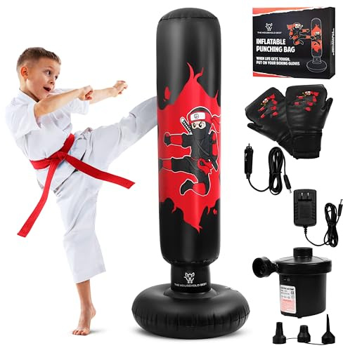 THB Inflatable Punching Bag for Kids, 63 Freestanding Ninja Boxing Bag Including Electric Air Pump with Gloves for Practicing Karate, Taekwondo, Stress Relief & Birthday for Ages 3-12