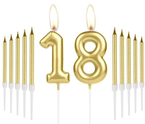 18th Birthday Candles, Gold Long Stick Birthday Candles, Number 18 Candle, Happy Birthday Candles for Cake, Cake Candles Cake Topper for Women Men Birthday Party 18th Wedding Anniversary Decorations