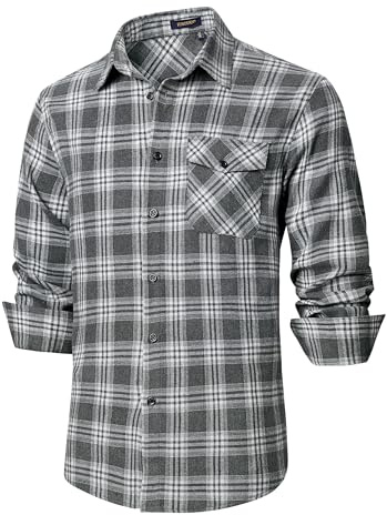 HISDERN Men's Shirts Long Sleeve Casual Checked Shirts Plaid Flannel Shirt Lumberjack Button Down Shirts Grey 4XL