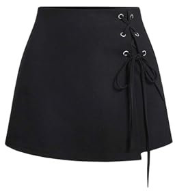 GORGLITTER Damen Hosenrock Kurze Hose Culottes Herbst Hosen Tülle Öse Rock Skort Elegant Hosenrock mit Band vorne Schwarz L