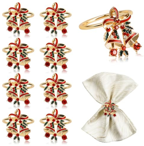 MOAMUN 8 Piezas Anillos Servilletero Navideños, Servilleteros Individuales Dorada con Pedrería, Support pour Serviettes Metálicos para Navidad Acción De Gracias Bodas Cumpleaños Decoración De Mesa