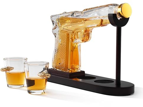 Connoisseur Creations Glass Pistol Gun Decanter and Bullet-in-Glass Shot Glasses