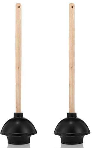 Dandat 2 Pcs Rubber Toilet Plunger with Double Thrust Force Suction Cup Long Wooden Handle Toilet Bowl Plunger Heavy Duty Pump Clogged Solution for Bathroom Stores Restaurants (Black)