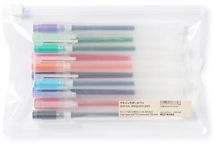 MUJI 品 Färgade kulspetspennor med gelbläck, 0,38 mm spets, 10-pack med lock