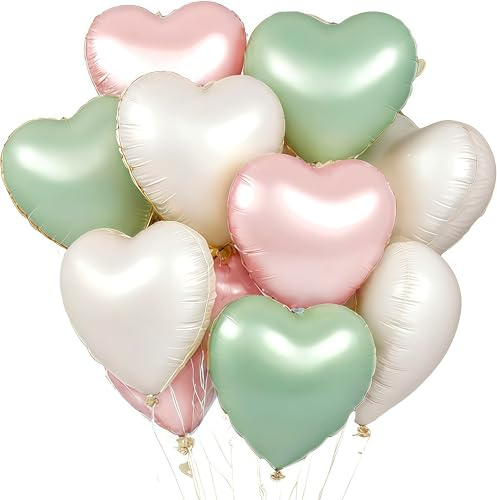 EWODEIEW Ballons en forme de cœur en feuille, ballons en hélium de 18 pouces, ballons en forme de cœur Beige, Vert Sauge, Rose pour Mariage, Saint-Valentin, Fiançailles