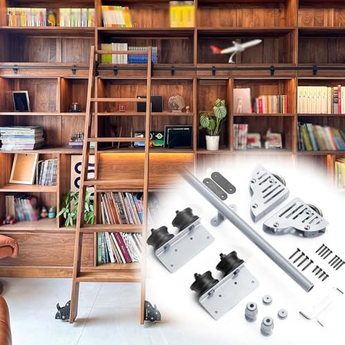 Rullande biblioteksstege, hårdvarusats (ingen stege), runda rörskenor, glidande stege, komplett set, spår, golvrulle med broms för hem/inomhus/loft, silver(Non-telescopic,300cm Spårkit)