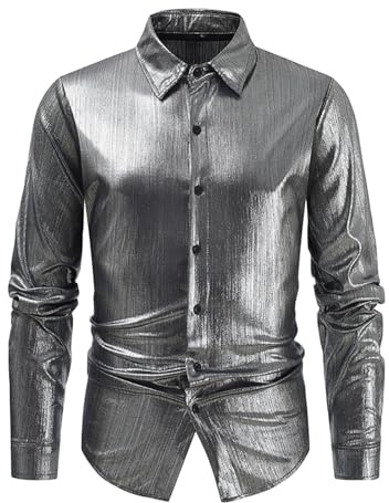 Camicia hippie da uomo anni '80 button down costume tradizionale vintage multicolore stampato discoteca febbre party outfit retrò vestibilità regolare top da uomo, #118 Argento, XL
