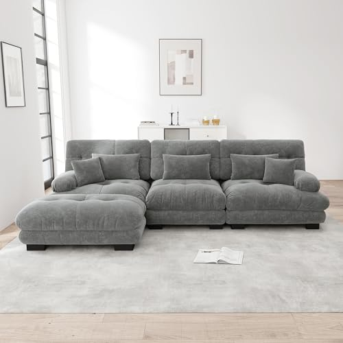 Generisch Lyx Hörnsoffa Grå Chenille Modulär L-formad Soffa med Ottoman Cloud Bank XXL slaapbank Vardagsrum