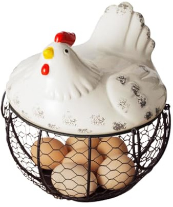 DEARMAMY Cestino Portauova in Ferro Bianco con Coperchio a Gallina, Cestino Portaoggetti e Snack Multiuso per Cucina e Ristorante, Decorazione Rustica con Manici per Frutta e Raccolta Uova