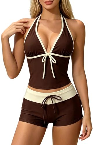 Maillot Bain Femme 2 Pieces Tankini avec Imprimé à Pois Rétro Y2K Tankini Bas Maillots Ventre Plat Haut Femme Maillot Bain élégant rembourré vêtements Plage Loisirs Short Débardeur Bikini Beachwear