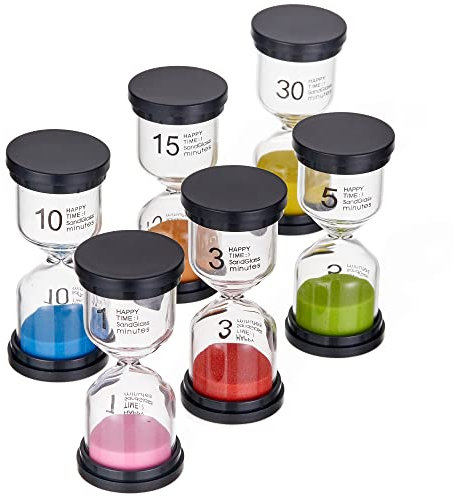Sanduhren Set in 6 Farben, 10cm - 1 3 5 10 15 & 30 Minuten - Kinder, Küche, Schule, Klassenzimmer, Lernen & Spiele - Stabiles Glas (6er Pack)