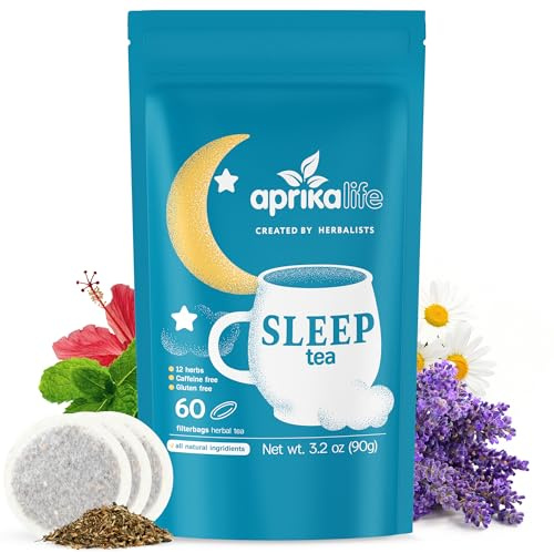 Aprika Life Sleep Tea for Bedtime Relaxation & Stress Relief – Natural Caffeine-Free Herbal Nighttime Tea with Chamomile, Lavender, Mint & Hibiscus – No Melatonin Sleep Aid – Relaxing Tea Bags 60 Pack