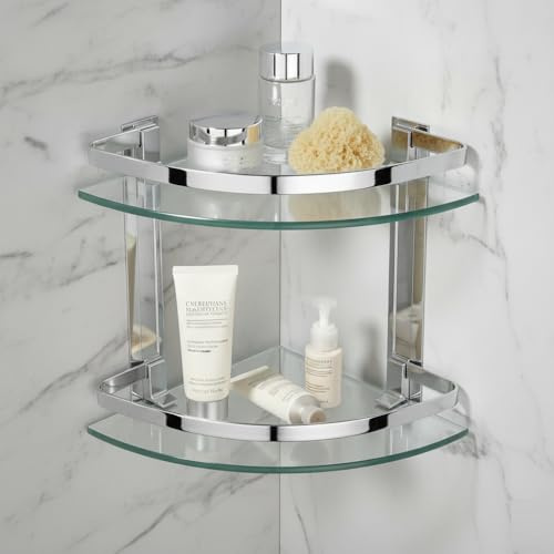 PORTE ITALIANE, Mensola Angolare per Bagno, Doppio Ripiano in Vetro Temperato da 8 mm e Barra in Alluminio, Fino a 5 kg di Peso per Ripiano, 32,5x24x27,5 cm, Argento