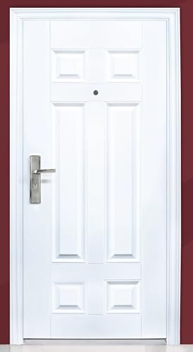 Portone Blindato Design Moderno E Semplice Da Interno E Da Esterno Porta Blindata 90x197 Bianca Con Maniglia In Acciaio Inox Anta Telaio Guarnizioni Spioncino E Due Chiavi P7 (Apertura esterna destra)
