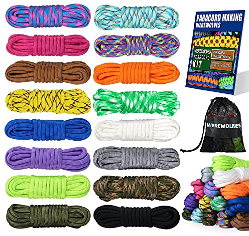 WEREWOLVES 16 Colors Paracord Cord, 550 Paracord Bracelet Crafting Combo Kits with Instruction - Multifunction Paracord Ropes, 10 Feet Each Parachute Cord for DIY Manual Braiding Supplies