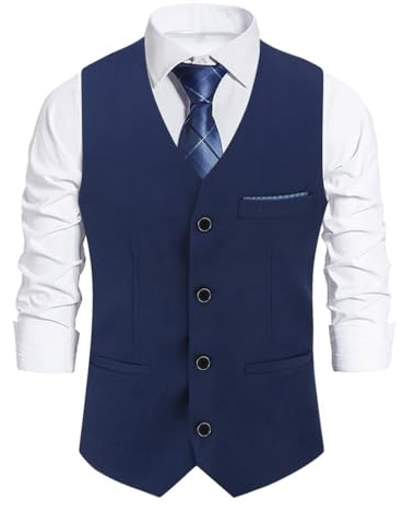 Allthemen Chaleco sin mangas con cuello en V entallado para hombre para bodas de negocios Azul L