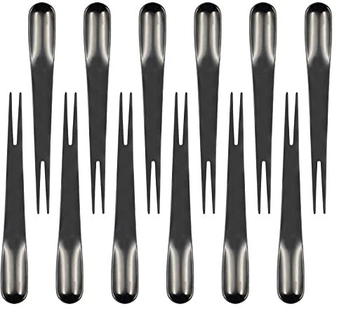 12 cucchiaini da dessert 2 in 1 e forchette in acciaio inox, riutilizzabili, set di plettri per frutta, forchette da insalata e cucchiaini da tè, forchette da cocktail e aperitivi (nero)
