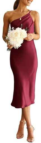 PRETTYGARDEN Women's Midi Satin Dress One Shoulder Spaghetti Strap Backless Ruched Summer Bodycon Dresses (Wine Red,Medium)