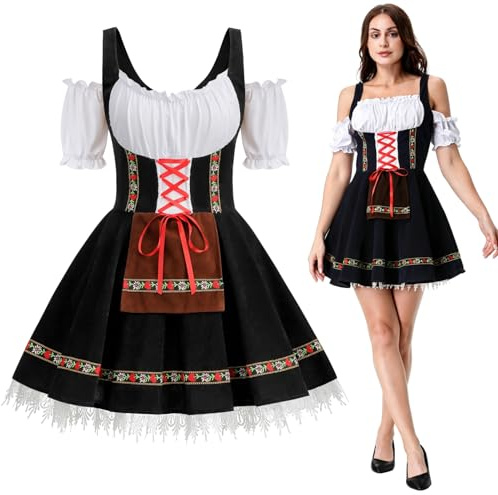 maxToonrain Oktoberfest-outfit för kvinnor, tysk, öl, bayersk, traditionell, kortärmad, sammet, halloween-dräkt, hembiträde, klänning för kvinnor (svart, S)