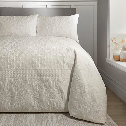 Serene Juego de funda nórdica Pinsonic natural, tamaño Super King, 260 x 220 cm, diseño de rayas Avery en relieve, ropa de cama de franela de lujo, estilo tradicional, acabado acolchado suave, juego