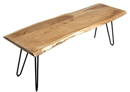 SAM Esszimmerbank 120x42 cm Quintus, Akazienholz massiv & naturfarben, echte Baumkante, Baumkantenbank mit Hairpin-Gestell Schwarz, Sitzbank mit 26 mm Platte