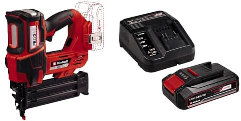 Einhell Chiodatrice a batteria FIXETTO 18/50 N Power X-Change + Einhell Pxc Starter Kit 18 V, Batteria 2,5 Ah E Caricabatteria Power X-Change, Nero Rosso, 10 x 15 x 11.3 Cm