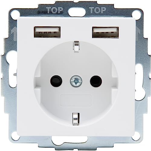 Kopp HK07 – Unterputz-Schutzkontakt Steckdose mit 2 USB-Ladebuchsen, Farbe: arktisweiß matt - (1 Stück)