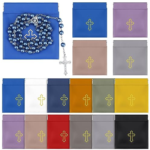 Wesnoy 12 Pack Squeeze Top Rosary Pouch with Gold Cross Imprint Bulk PU Leather Rosary Case Bags Catholic, Assorted Colors, 12 Count (Pack of 1), mainly PU leather