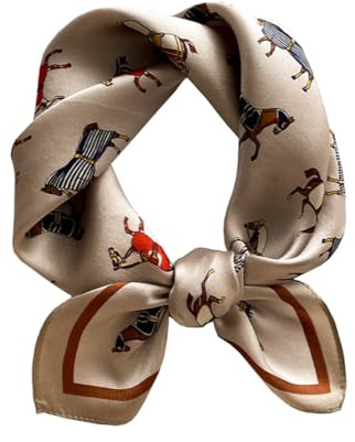 JERLA 100% Mulberry Silk Neck Scarf 21x21 Small Square Scarfs for Women handbag scarf Gift Packed (Horse champagne)