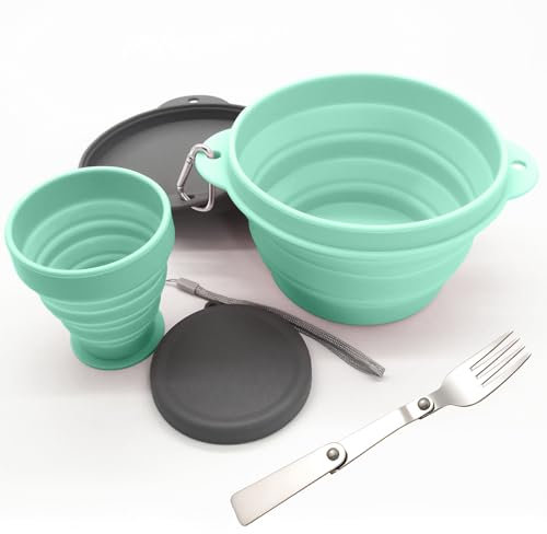 AUSYIWI Bols Pliables en Silicone avec Gobelet Pliable en Silicone de 200 ml et Fourchette de Service en Acier Inoxydable, pour le Service Idéal pour les Voyages et le Camping