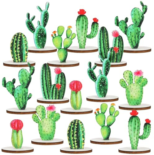 Thyle 16 decorazioni in legno a forma di cactus per feste, cactus, centrotavola per tavoli, cactus, decorazione da tavolo, decorazione per tavolo a tema cactus, baby shower, compleanno, decorazione