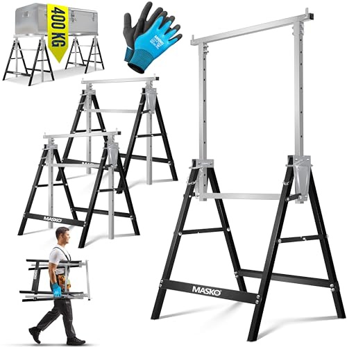 MASKO® Caballete de trabajo Telescópico, Capacidad de Carga máx. 200 kg, Caballete de Andamio, Regulable en Altura - Altura de trabajo 800-1300 mm, incl. Guantes, Juego de 2 - Plata/Negro