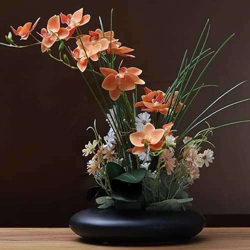 SYDDOL - Flores artificiales de orquídea de 17 pulgadas, ramo de seda Phalaenopsis de tacto real con maceta de cerámica para centro de mesa interior, decoración del hogar (flor Koi + maceta negra)