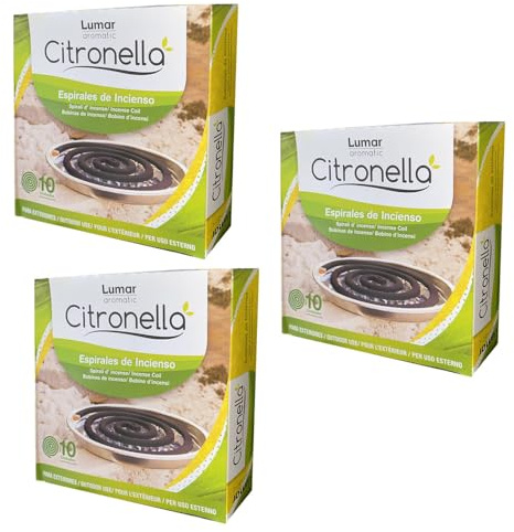 Förpackning med 3 x 10 citronella-doftspiraler med citronella-doft myggmyggor utomhus rökelse: terrass, trädgård, camping med aluminiumfäste för flygande insekter borta. MASSÓ PREBEN