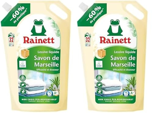 RAINETT - Lessive Liquide - Tensioactifs d'Origine Végétale - Efficace Dès 20° - Ecolabel - Savon de Marseille - 32 Lavages - Éco-Recharge 1,6 L (Lot de 2)