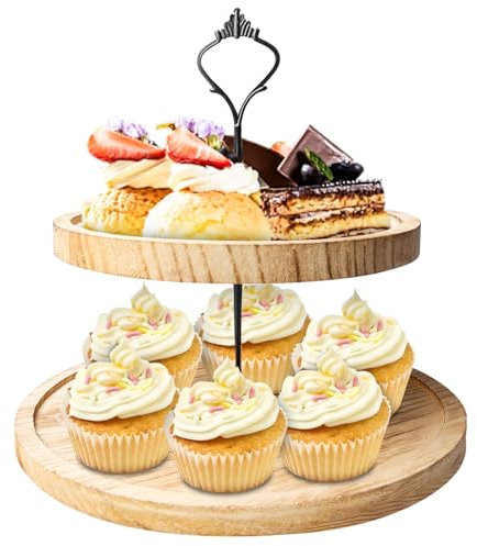 Etagere Tortenständer, Cupcake Ständer aus Holz Obst Etagere 2 stöckig Vintage Deko Holztablett Kuchenständer Halter Servierständer mit Metallgriff für Geburtstag Nachmittagstee Hochzeit (Holzfarbe)