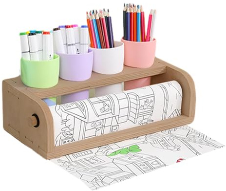 Shouxiut Porta rotolo di carta da disegno, Dispenser di rotolo di carta da tavolo in legno, Supporto per arte, Supporto artistico con tazze di matita, Forniture per asciugamani
