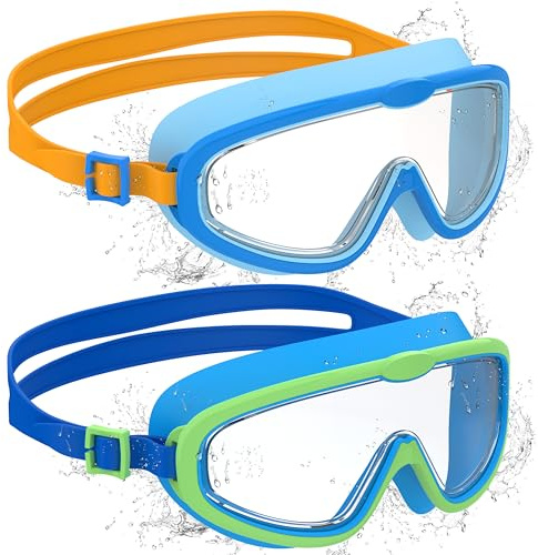 Ambienden 2 Pcs Gafas de Natación, Antivaho de Visión Clara, Protección UV, Junta de Silicona, Unisex Montura Grande Gafas Natacion Niño de 6 a 14 Años, Blue + Blue＆Orange