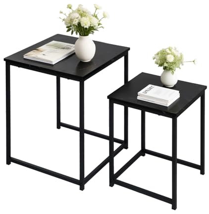 BIGTREE Beistelltisch, Couchtisch 2er Set, Moderner Sofatisch, Wohnzimmertisch aus Holz, Satztisch mit Metallgestell, Stapelbar, Quadratisch/Schwarz