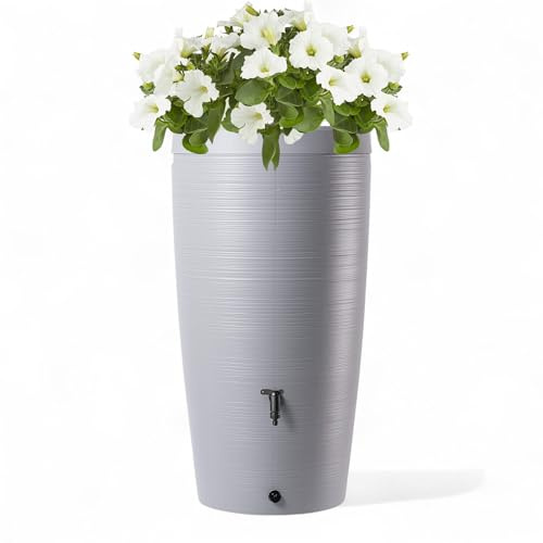 Serbatoio dell'acqua piovana con vaso 2 in 1, 240 l, con rubinetto e coperchio, per la pioggia con area per piante, serbatoio acqua per giardino (grigio chiaro)