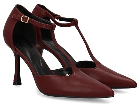 shoes&blues.es 94934 Stiletto de Tacon Fino, Diseno Elegante. Zapato de Salon con y Punta Afilada,Cierre de Hebilla.Ideal Otono Invierno. Rojo Talla 38